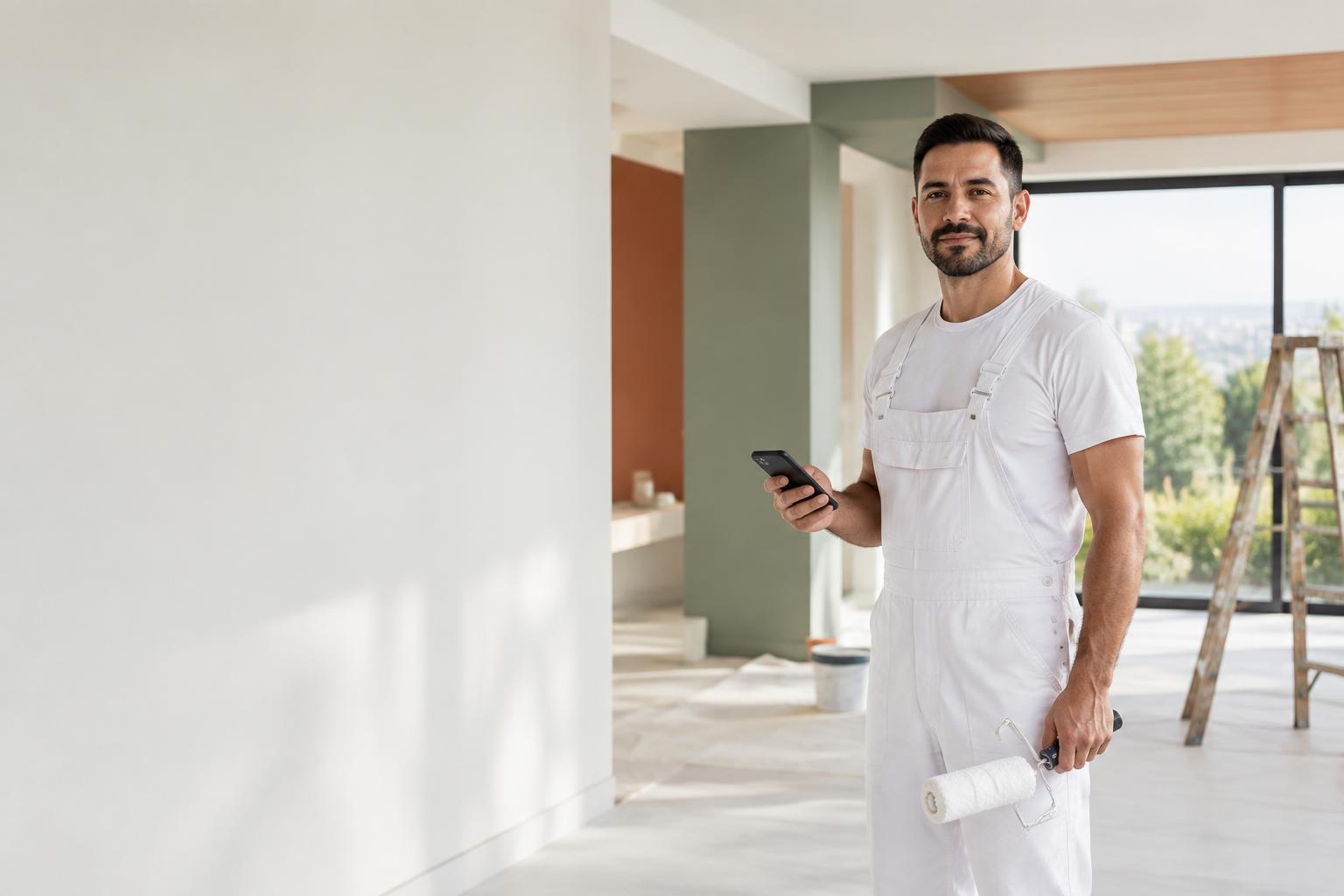 Pintor profissional com celular em uma obra
